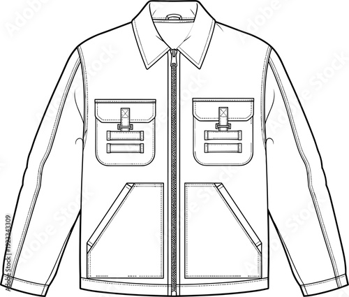 Front view technical flat sketch of zip-up jacket with flap pockets, vector fashion illustration, detailed apparel design drawing template