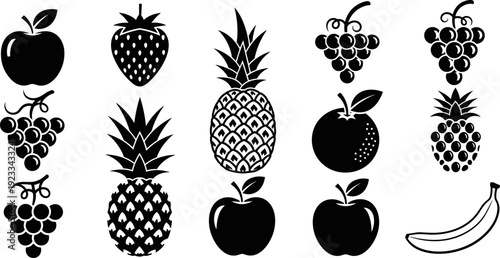 Fruit icon set illustration featuring apple, strawberry, grape, pineapple and banana shapes, healthy food collection isolated on white background, black silhouette vector design