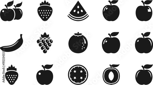 Fruit icon silhouettes vector illustration, assorted apples bananas berries citrus and watermelon, black healthy food symbols set isolated on white background