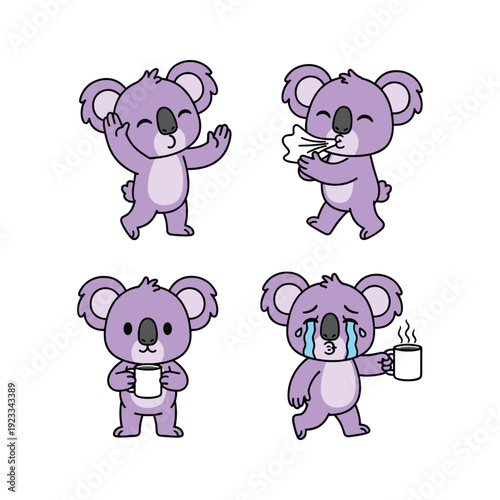 Canvas Print Cute cartoon koalas expressing emotions with coffee on white background