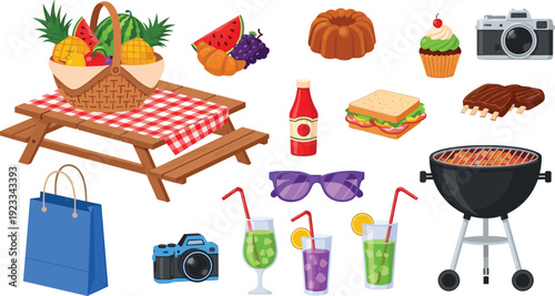 Summer Picnic and Barbecue Elements Set with Outdoor Food Drinks Grill Accessories Travel Leisure and Holiday Activity Vector Collection