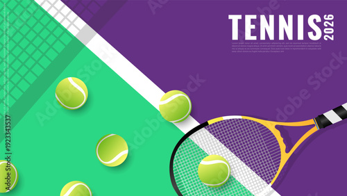 Tennis 2026 Championship Background with Rackets and Balls on Court , Vector illustration EPS 10
