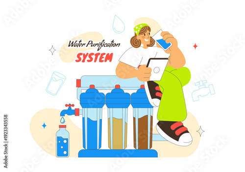 Water Purification System Technology Illustration Featuring Clean Drinking Water Filtration Process With Eco Friendly Industrial Solution Background