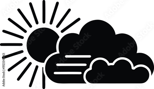 Black and white illustration of a sun partially obscured by clouds