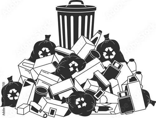 Garbage pile vector illustration, waste management and recycling concept, trash can with litter, bottles, paper boxes, plastic containers, and garbage bags silhouette