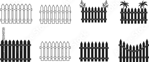 Garden fence silhouette vector set, wooden picket fences in black and outline styles for backyard landscaping, outdoor boundary, home design illustrations
