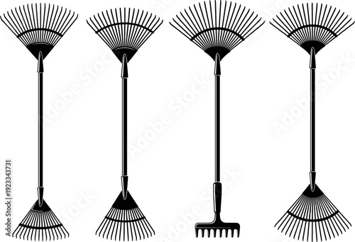 Garden rake silhouette vector set, metal leaf and yard rakes collection, black and white gardening tool illustrations for landscaping, maintenance, outdoor equipment
