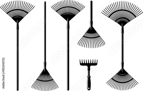 Garden rake silhouettes set, black vector illustration of leaf rakes and hand rake tools for landscaping, yard cleanup, gardening equipment, and outdoor design