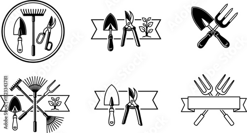 Garden tools vector illustration set, vintage gardening equipment emblems and icons, black and white farming symbols, isolated designs for landscaping, agriculture branding