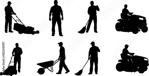 Gardening and landscaping worker silhouette set illustration, men using lawn mower broom wheelbarrow and tractor, outdoor maintenance job concept, black vector design isolated on white