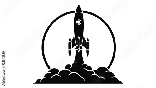 A black and white image of a rocket launching into space isolated on white background, Vector