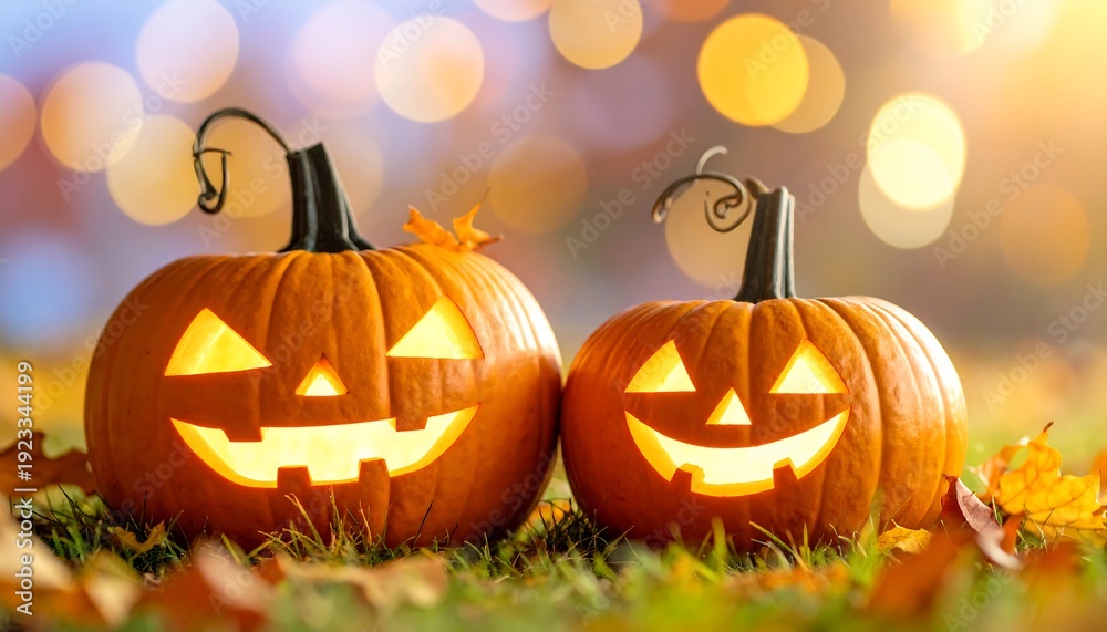 Fototapeta premium Two carved and lit pumpkins on grass with autumn leaves