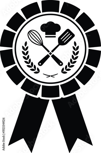 Cooking award ribbon black and white vector on white background.