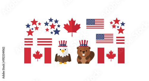American and Canadian Patriotic Symbols Vector Illustration, Flat Design for Celebration