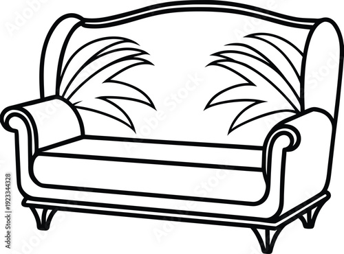 Line drawing of a classic sofa with ornate details and visible cushions