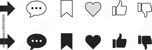 Social media interface icon set with flat outline and solid black silhouettes including share arrow, comment bubble, bookmark, heart, thumbs up and down.