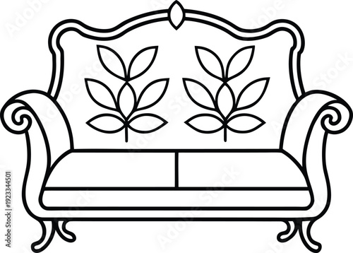 Line art illustration of a classic ornate couch with floral detailing