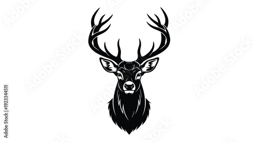 A black and white illustration of a deer with antlers isolated on white background, Vector