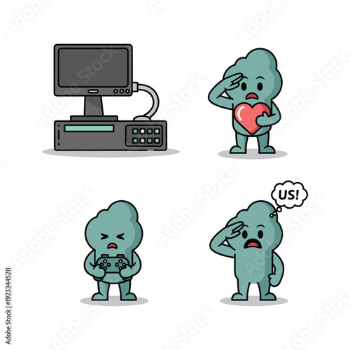 Cartoon cloud character experiencing computer issues with emotional expressions