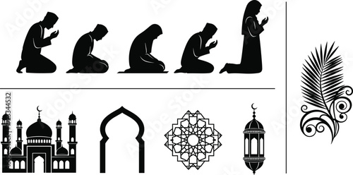 Islamic prayer silhouettes with mosque architecture, Ramadan lanterns, crescent moon, stars, traditional patterns, and Muslim people praying in various positions,