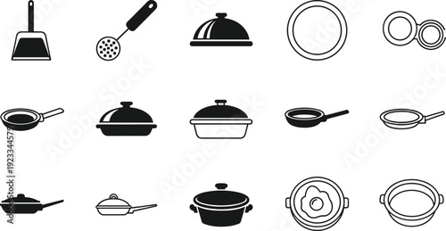 Kitchenware vector icon set featuring frying pans, cooking pots, spatulas, slotted spoons, plates, and food covers for culinary design projects,