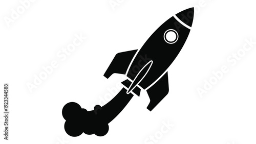 A black and white image of a rocket ship launching into space isolated on white background, Vector