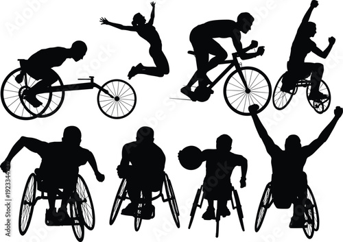 Paralympic sports silhouettes set, wheelchair athletes racing cycling jumping celebrating victory, adaptive fitness, inclusive competition, strength determination, black vector illustration