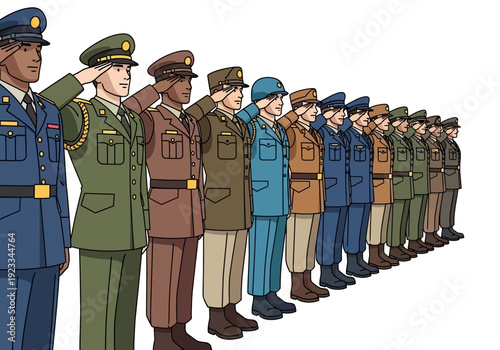 Diverse group of military personnel in uniform standing at attention.