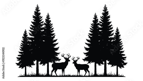 Deer standing among pine trees in a forest isolated on white background, Vector