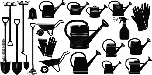 Gardening tools vector illustration set, watering cans shovels rakes wheelbarrows gloves spray bottles, black silhouette garden equipment icons for landscaping design