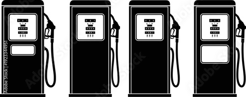 Gas fuel pump dispenser machine silhouettes set vector illustration, detailed station equipment collection, petroleum service refill device outline for stock design assets,