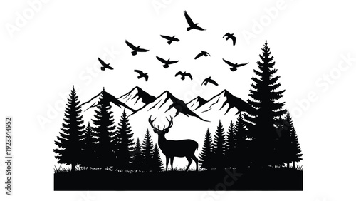 A deer and birds in a forest with mountains isolated on white background, Vector