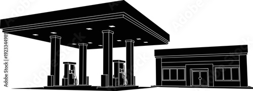 Gas Station and Convenience Store Silhouette Vector Illustration, Petrol Pump, Fuel Service, Modern Architecture, Transportation, Energy Industry, Black Building Outline Graphic
