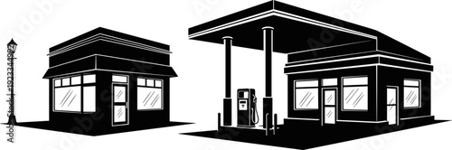Gas Station and Storefront Black Silhouettes Set, Convenience Store Building and Fuel Pump Canopy Vector Illustration, Roadside Service and Retail Design
