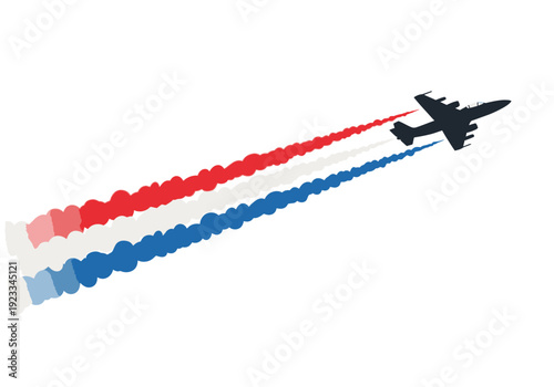 Silhouette of a jet airplane leaving red white and blue smoke trails.