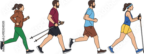 Active People Vector Illustration Set Featuring Men and Women Jogging Running and Nordic Walking for Fitness Health Wellness Sports Apps and Outdoor Lifestyle Designs