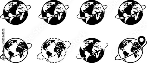 Global travel airplane globe icons collection, world map aviation symbols, tourism and transportation vector illustration set for international journey concepts