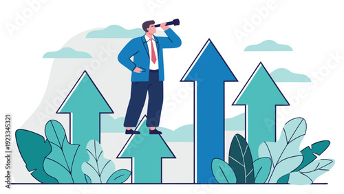 Businessman standing on a large rising arrow while looking through a telescope, surrounded by upward pointing arrows and foliage