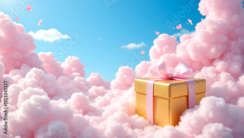 Gold gift box pink ribbon sparkly present cloudscape pastel dream sky romantic celebration joyful surprise