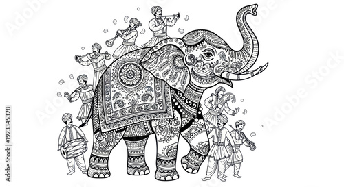 Ornate Elephant Procession with Musicians and Dancers in Traditional Indian Attire