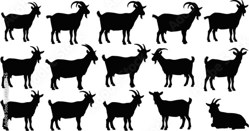 Goat silhouette vector set, farm animal collection in black, domestic livestock poses illustration, rural agriculture design elements artwork