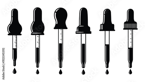 A row of six black dropper bottles on a white background isolated on white background, Vector