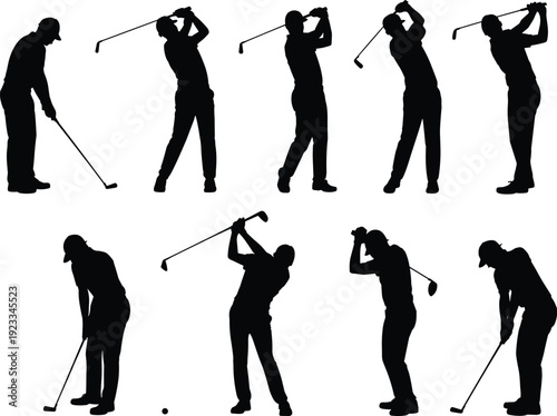 Golf player silhouette vector collection showing different swing poses, professional golfer action illustration, black sports figure isolated design for training concept