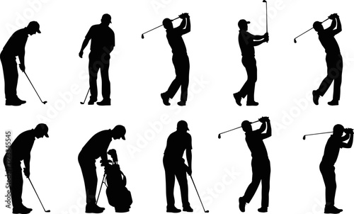 Golf Player Silhouette Vector Set, Golfer Hitting Ball, Swing Pose, Professional Sportsman, Course Game, Hobby, Leisure, Active Lifestyle, Dynamic Action, Club and Bag