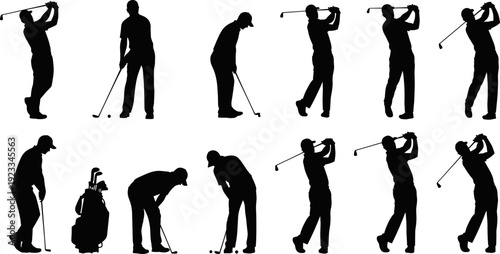 Golf player silhouette vector set, golfers swinging and putting, professional sport action illustration for tournament training, outdoor recreation design, marketing poster
