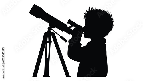 A silhouette of a child looking through a telescope isolated on white background, Vector