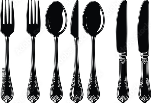 Vintage ornate cutlery set illustration, antique silver forks spoons and knives, victorian silverware vector icons, classic kitchen tableware design elements