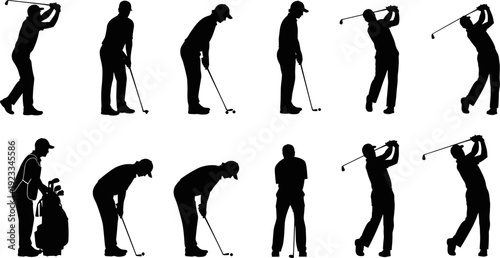 Golf player silhouettes collection, black vector illustration set showing golfers swinging, putting, and carrying clubs, professional sport poses, minimalist design