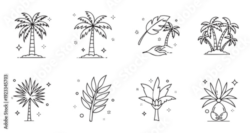 A collection of stylized palm tree and tropical leaf line icons perfect for summer vacation themed graphic projects travel brochures holiday resort marketing materials or beach themed event