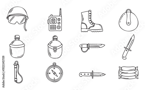 Assortment of military and outdoor survival equipment featuring tactical helmet, communication radio, heavy duty boots, utility knives, and navigation tools ideal for themed projects